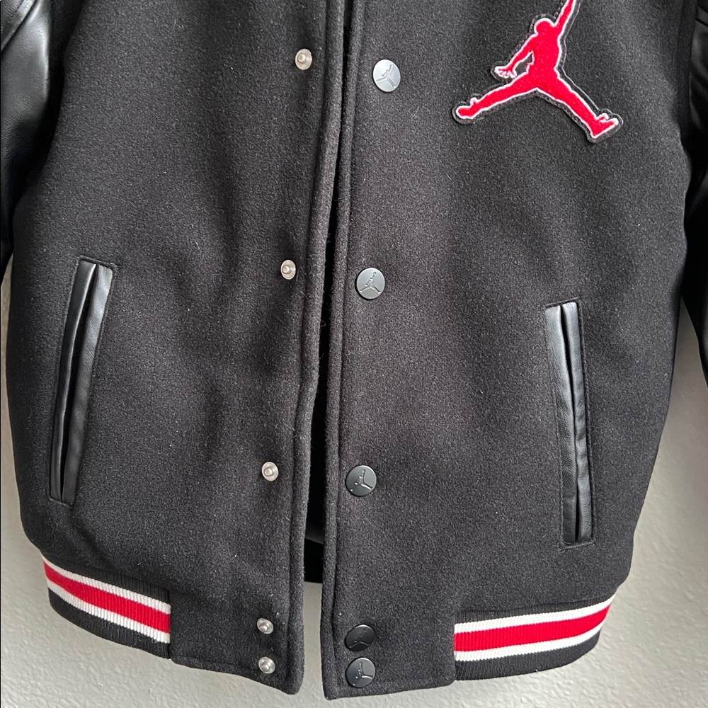 Jordan Black Jacket with Red Logo and Leather Sleeves - Picture 9 of 10